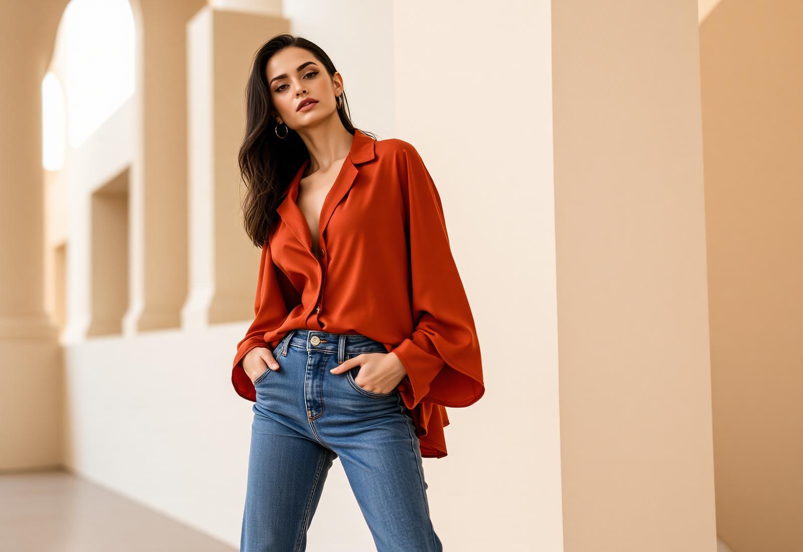 Woman wearing premium Colombian fashion blouse and high-rise jeans by Judy Moramoda
